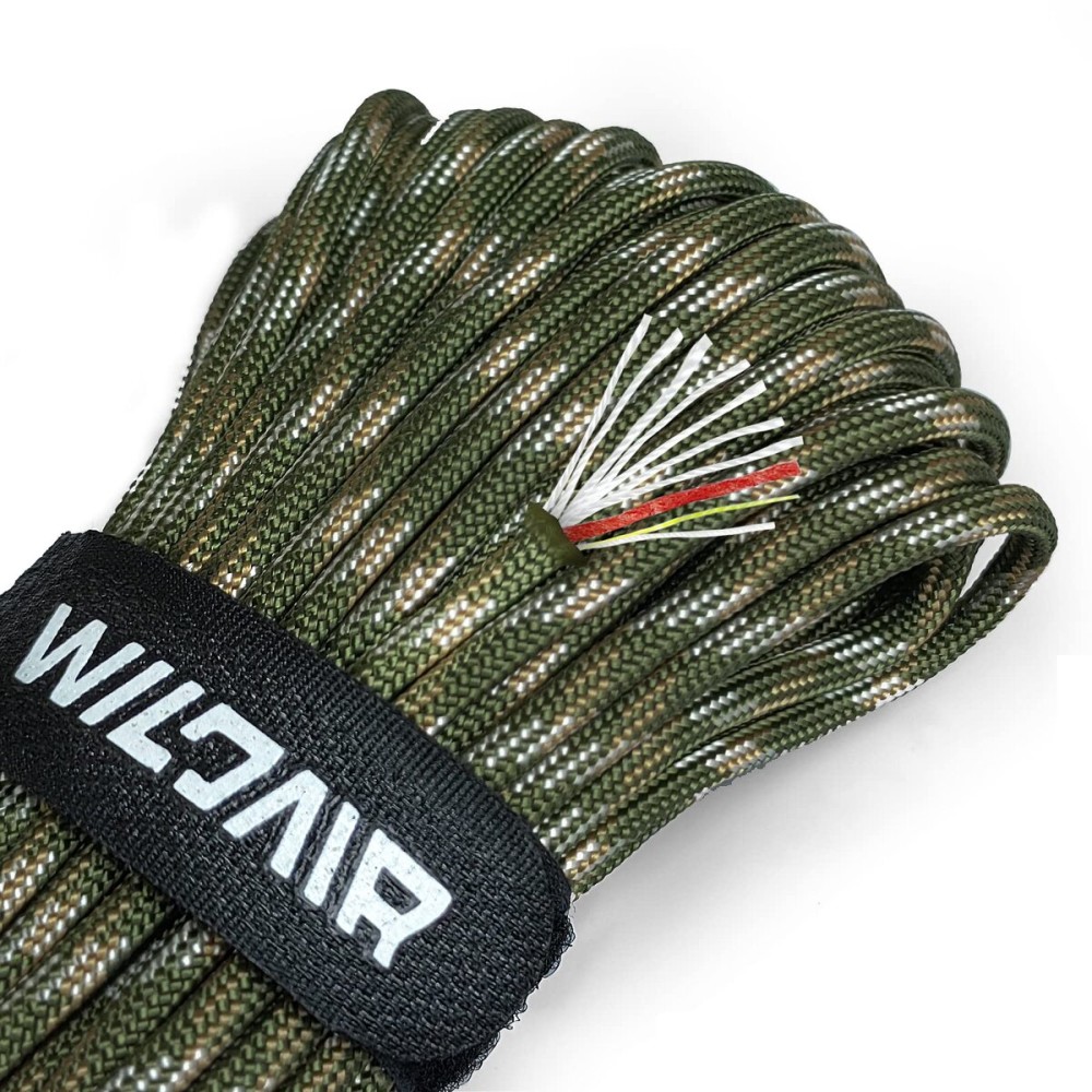 WILDAIR Paracord Survival Paracord Parachute Fire Cord Survival Ropes 4-in-1 5/32 Diameter U.S. Military Type III with Integrated Fishing Line, Fire-Starter Tinder (Forest Camo)