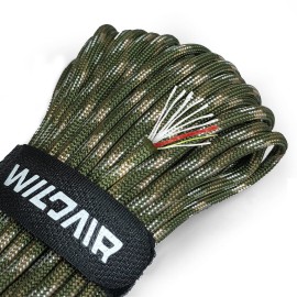 WILDAIR Paracord Survival Paracord Parachute Fire Cord Survival Ropes 4-in-1 5/32 Diameter U.S. Military Type III with Integrated Fishing Line, Fire-Starter Tinder (Forest Camo)