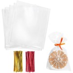 Morepack Cello Cellophane 4x6 Inches Cookie Bags 200 Pcs OPP Plastic Clear Treat Bags with 200 Twist Ties for Gift Wrapping,Packaging Candies,Dessert,Bakery,Chocolate,Party Favors
