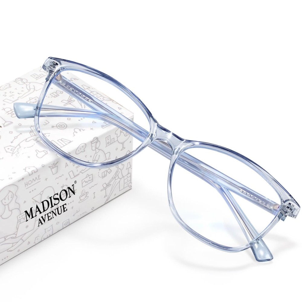 Madison Avenue Blue Light Blocking Glasses Anti Eyestrain UV Glare Blue Light Glasses for Women TV Phone Computer Gaming Eyeglasses (Clear Blue)
