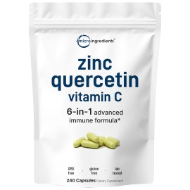Micro Ingredients Quercetin with Vitamin C and Zinc, 240 Capsules | Quercetin 500mg, Vitamin C 500mg, Zinc 50mg (Picolinate, Citrate, Glycinate, Gluconate) | Complete Immune Support Supplements