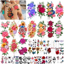 Yazhiji 49 Sheets Temporary Tattoos for Women and Men 3D Extra Large Waterproof Sexy Flowers Fake Tattoo Kits