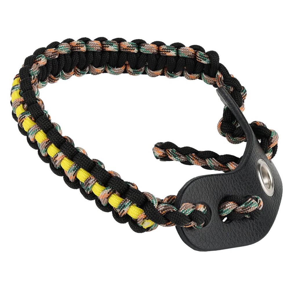 SUNYA Archery Bow Wrist Sling, 550 Paracord Strap Comfortable on Hand.100% Full Grain Leather Yoke, Multiple Camo Colors.Fit Compound Bow Stabilizer & Recurve. (Digital Camo Yellow Stripe)