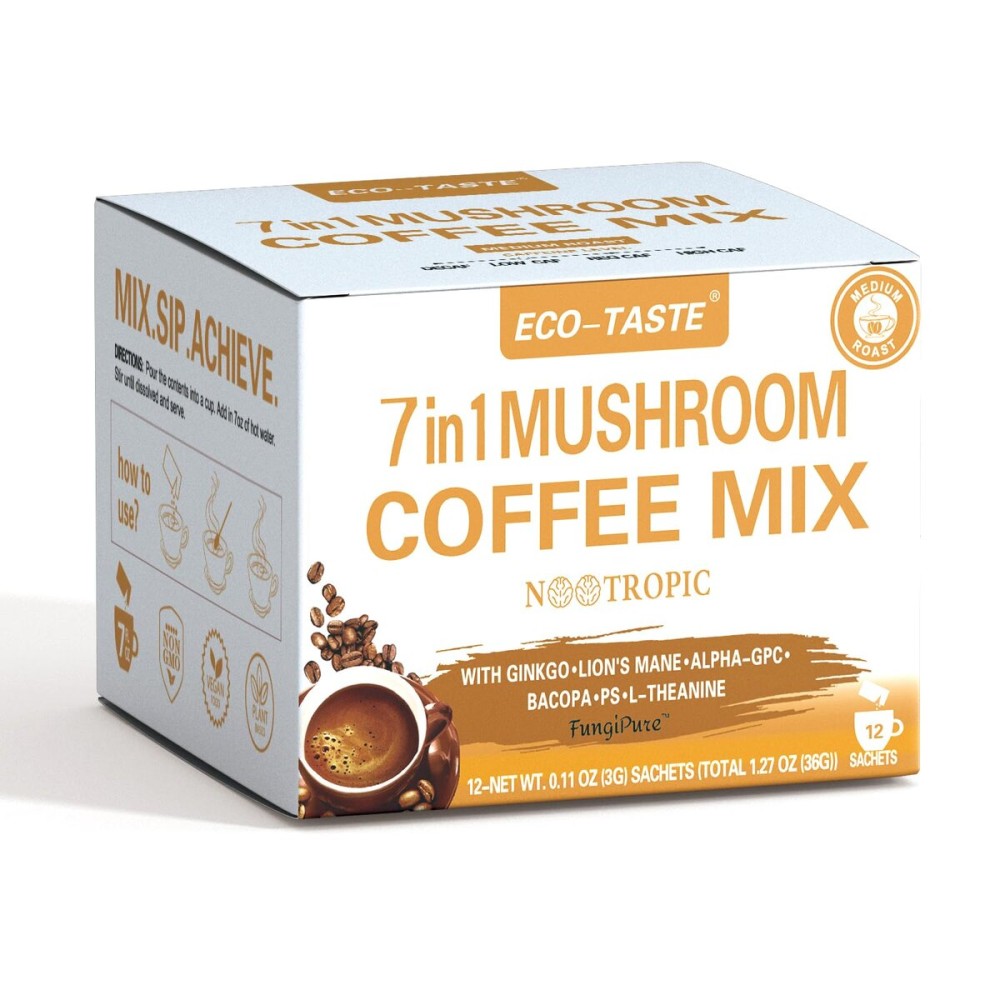 Mushroom Coffee Mix 7 in 1, with Ginkgo, Lions Mane, Alpha-GPC, Bacopa, PS, L-Theanine - 12 Sachets