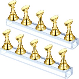 Blulu 2 Sets Nail Stand for Press on Acrylic Nails Display Practice Magnetic Fake Nail Holder for Painting Nails for False Fingernail Manicure Tool Home DIY Salon Supplies(Gold)
