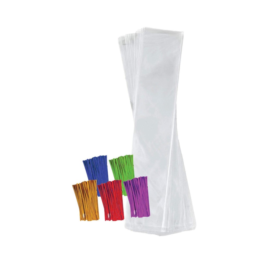Purple Q Crafts Clear Plastic Cellophane Bags with 4 Colored Twist Ties for Gifts Party Favors (2x10 100 Pack)