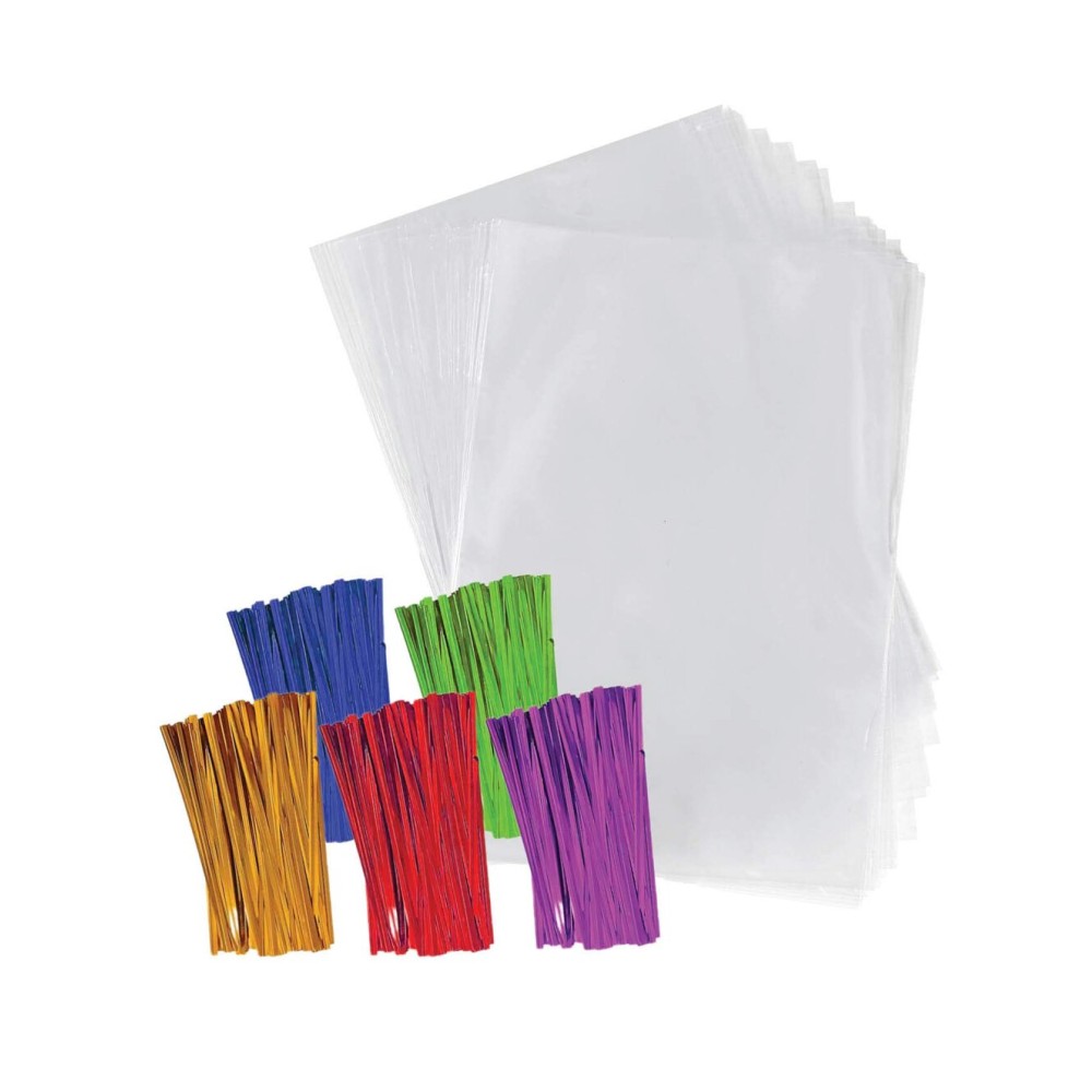 Purple Q Crafts Clear Plastic Cellophane Bags with 4 Colored Twist Ties for Gifts Party Favors (4x6 100 Pack)