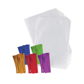 Purple Q Crafts Clear Plastic Cellophane Bags with 4 Colored Twist Ties for Gifts Party Favors (4x6 100 Pack)