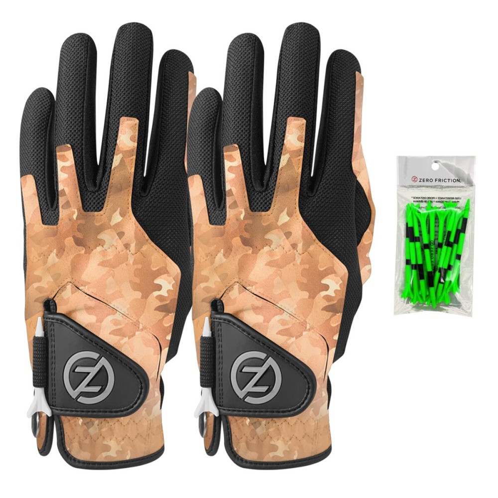 Zero Friction Men\'s Compression-Fit Synthetic Golf Glove, Universal Fit One Size (Pack of 2) with Pack of Golf Tees, Desert Camo