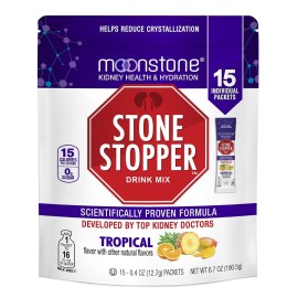 Moonstone Stone Stopper Drink Mix, Tropical, Kidney Stone Prevention, Calcium Oxalate Protector, Developed by Urologists to Improve Hydration and Support Kidney Health, 15 Day Supply