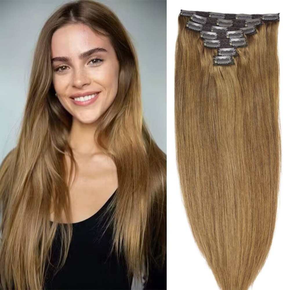 22 Clip in Human Hair Extensions Full Head 200g 10 Pieces 22 Clips Light Brown Double Weft Brazilian Real Remy Hair Extensions Thick Straight (22 200g, 8)