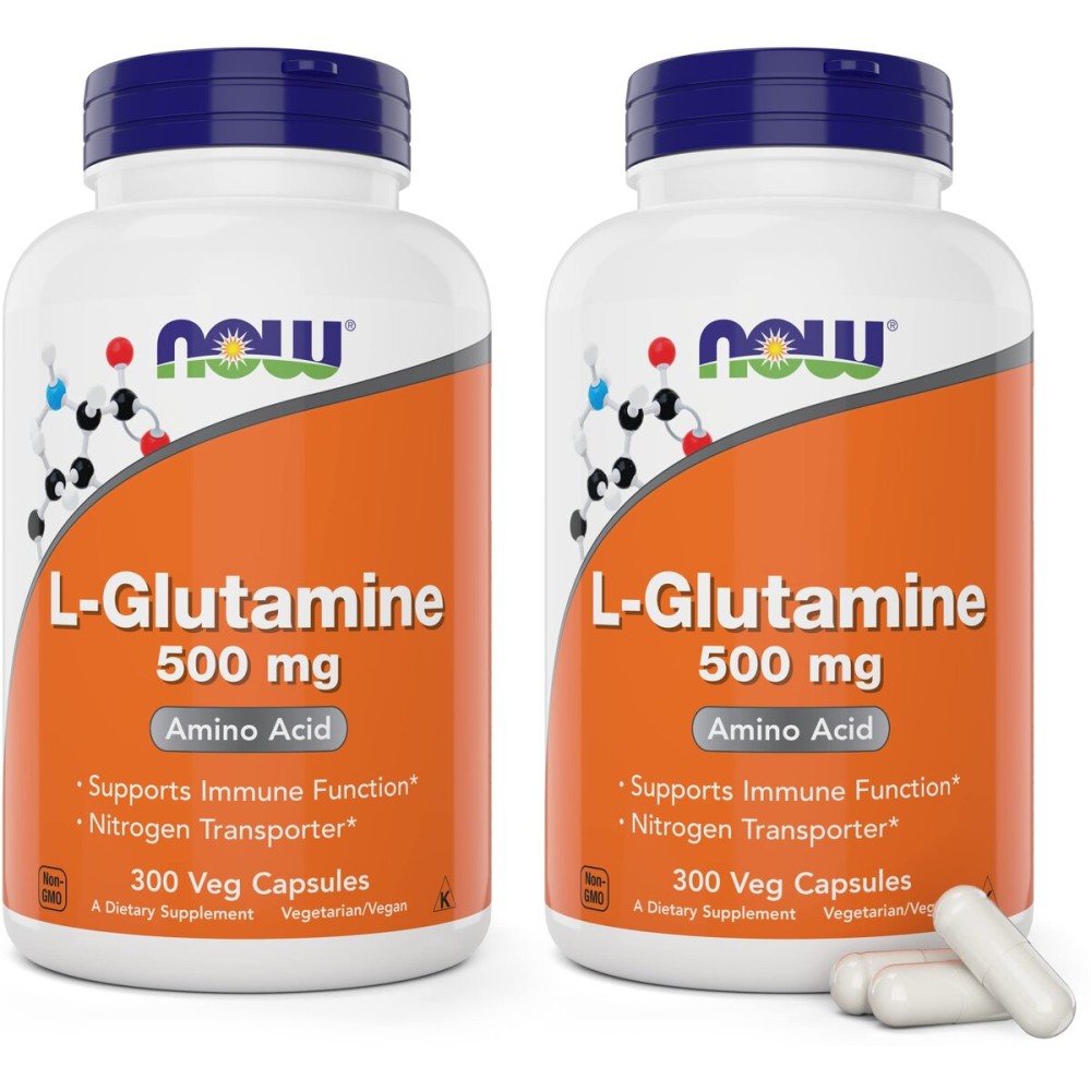 Now L-Glutamine 500mg 300 Veg Capsules (Pack of 2) - Non-GMO Supplement - Vegan Lglutamine 500 mg Caps
