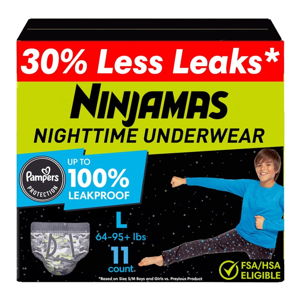 Ninjamas Boys Bedwetting Nighttime Underwear Boys - Size L (64-95+ lbs), 11 Count, Overnight Protection, Ultra Absorbent, Hypoallergenic