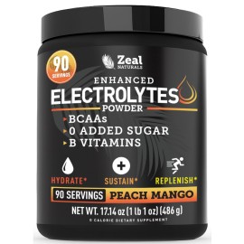 Zeal Electrolyte Powder - 90 Servings | Keto Electrolytes Powder | Zero Sugar, BCAAs, B-Vitamins | Potassium, Zinc, Magnesium | Hydration Powder Recovery Drink | Peach Mango
