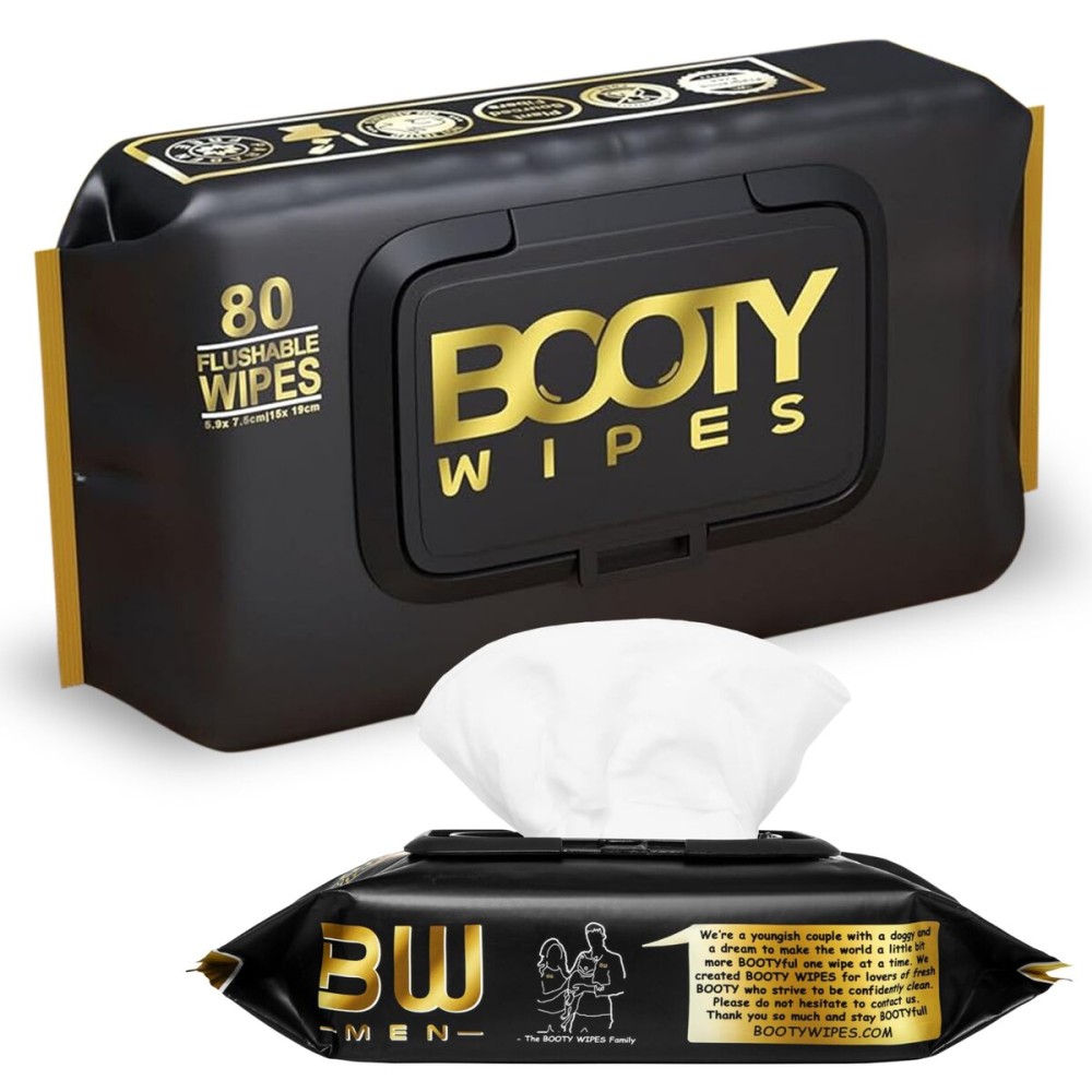 BOOTY WIPES 80 Flushable Wipes for Men and Women - Wipes for Adults, Infused with Vitamin E and Aloe - Extra-Large Moist Towelettes - pH Balanced for Sensitive Skin - Suitable for Bathroom and Travel