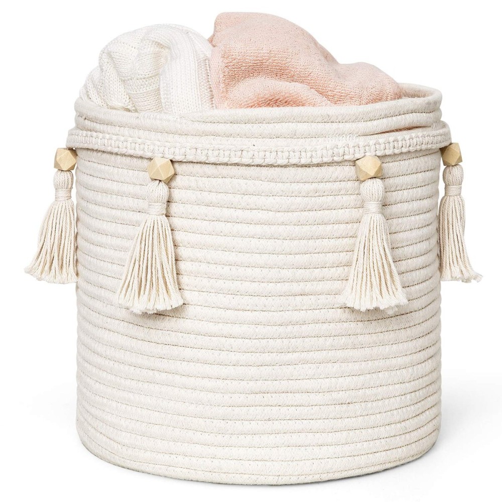 Mkono Macrame Decorative Cotton Rope Basket Boho Cute Woven Tassel Closet Storage Bins Organizer for Nursery,Baby Toys,Magazines, Potted Plants Cover,Living Room,Bedroom,Home Decor 11x11,Small
