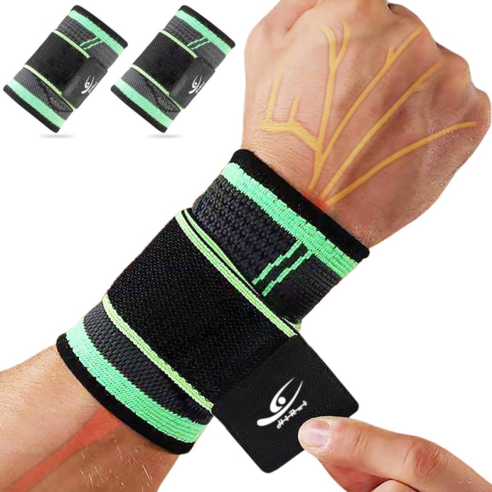 HiRui Wrist Brace Wrist Wraps Compression Wrist Strap, Wrist Support for Work Fitness Weightlifting Sprains Tendonitis, Carpal Tunnel Arthritis, Pain Relief, Adjustable Wristbands 2 PACK (Green, M)