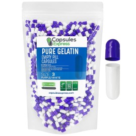 XPRS Nutra Size 3 Empty Capsules - 1000 Count Empty Gelatin Capsules - Pills DIY Capsule Filling - Pure Bovine Pill Gel Caps Fillable for Do-It-Yourself Vitamins and Supplements (Purple/White)