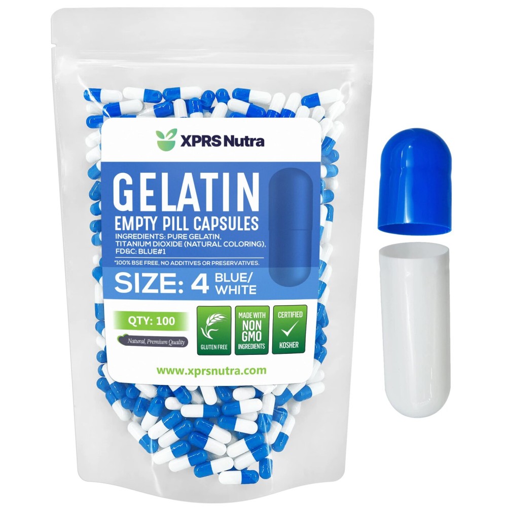 XPRS Nutra Size 4 Empty Capsules - 100 Count Small Empty Gelatin Capsules - Pills DIY Capsule Filling - Fillable Pure Bovine Pill Gel Caps for Do-It-Yourself Supplements (Blue/White)