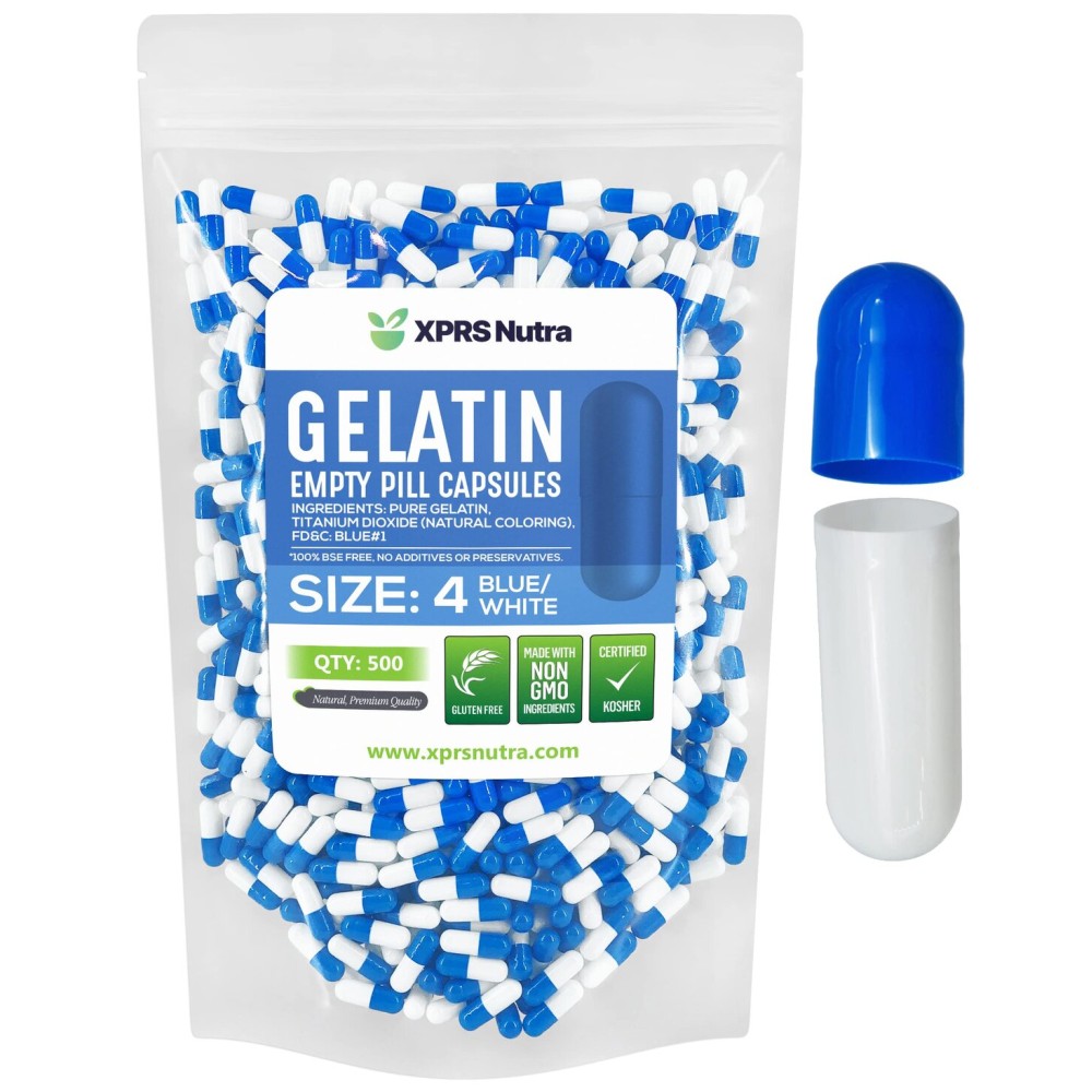 XPRS Nutra Size 4 Empty Capsules - 500 Count Small Empty Gelatin Capsules - Pills DIY Capsule Filling - Fillable Pure Bovine Pill Gel Caps for Do-It-Yourself Supplements (Blue/White)