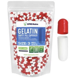 XPRS Nutra Size 3 Empty Capsules - 1000 Count Empty Gelatin Capsules - Pills DIY Capsule Filling - Pure Bovine Pill Gel Caps Fillable for Do-It-Yourself Vitamins and Supplements (Red/White)