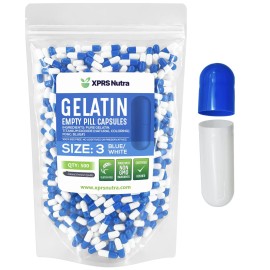 XPRS Nutra Size 3 Empty Capsules - 500 Count Empty Gelatin Capsules - Pills DIY Capsule Filling - Pure Bovine Pill Gel Caps Fillable for Do-It-Yourself Vitamins and Supplements (Blue/White)