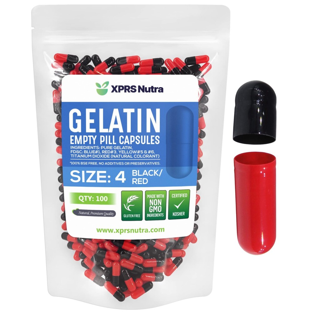 XPRS Nutra Size 4 Empty Capsules - 100 Count Small Empty Gelatin Capsules - Pills DIY Capsule Filling - Fillable Pure Bovine Pill Gel Caps for Do-It-Yourself Supplements (Black/Red)