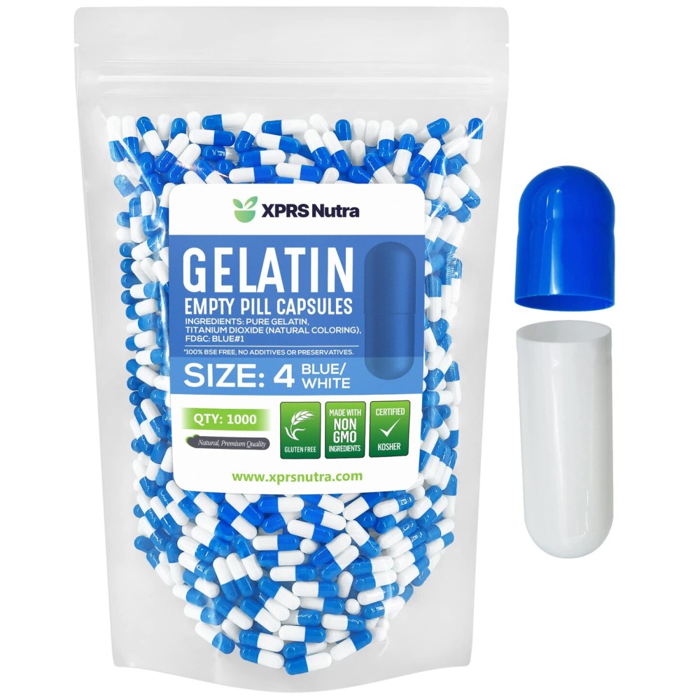 XPRS Nutra Size 4 Empty Capsules - 1000 Count Small Empty Gelatin Capsules - Pills DIY Capsule Filling - Fillable Pure Bovine Pill Gel Caps for Do-It-Yourself Supplements (Blue/White)