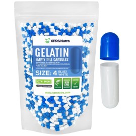 XPRS Nutra Size 4 Empty Capsules - 1000 Count Small Empty Gelatin Capsules - Pills DIY Capsule Filling - Fillable Pure Bovine Pill Gel Caps for Do-It-Yourself Supplements (Blue/White)