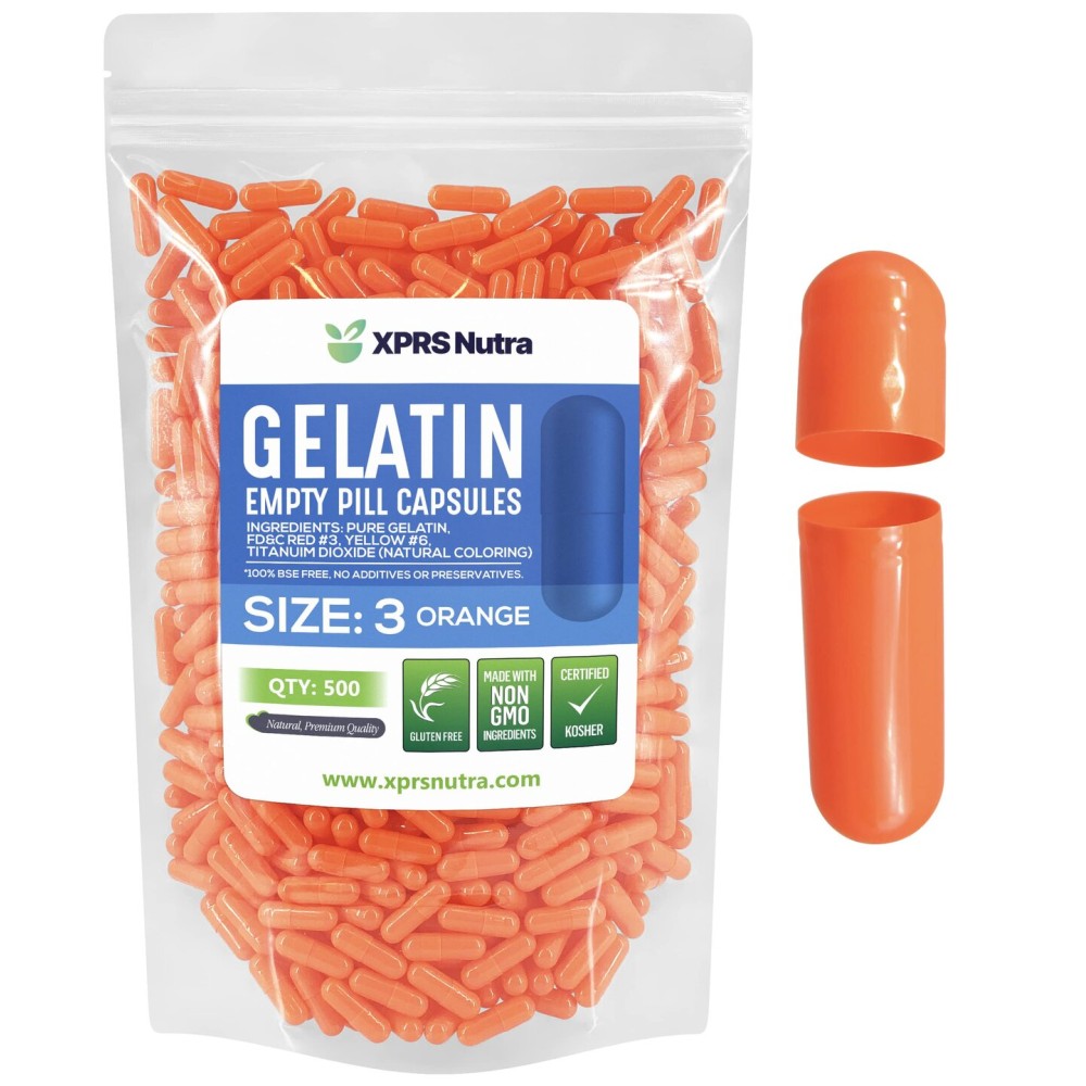 XPRS Nutra Size 3 Empty Capsules - 500 Count Empty Gelatin Capsules - Pills DIY Capsule Filling - Pure Bovine Pill Gel Caps for Do-It-Yourself Supplements (Orange)