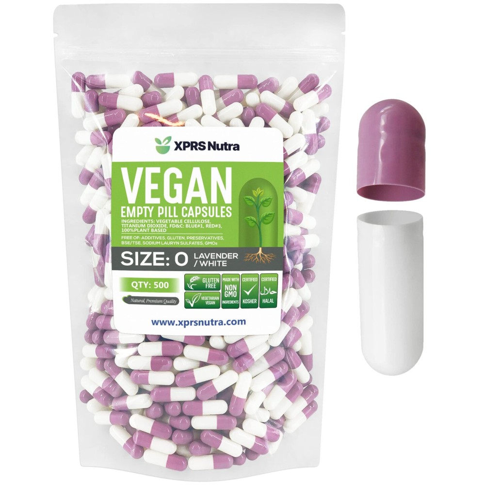XPRS Nutra Size 0 Empty Capsules - 500 Count Empty Vegan Capsules - Vegetarian Pills - DIY Vegetable Filling - Veggie Pill Caps for Do-It-Yourself Supplements (Lavender/White)