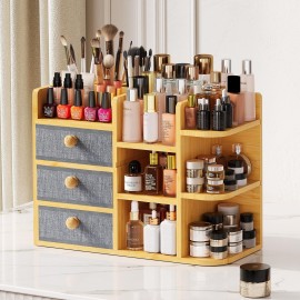 Large Bamboo Makeup Organizer For Vanity, Large Capacity 3 Tiers Bamboo Bathroom Counter Organizers and Storage, Countertop Make Up Skin Care Holder with 3 Brush Holders 3 Drawers 7 Compartments