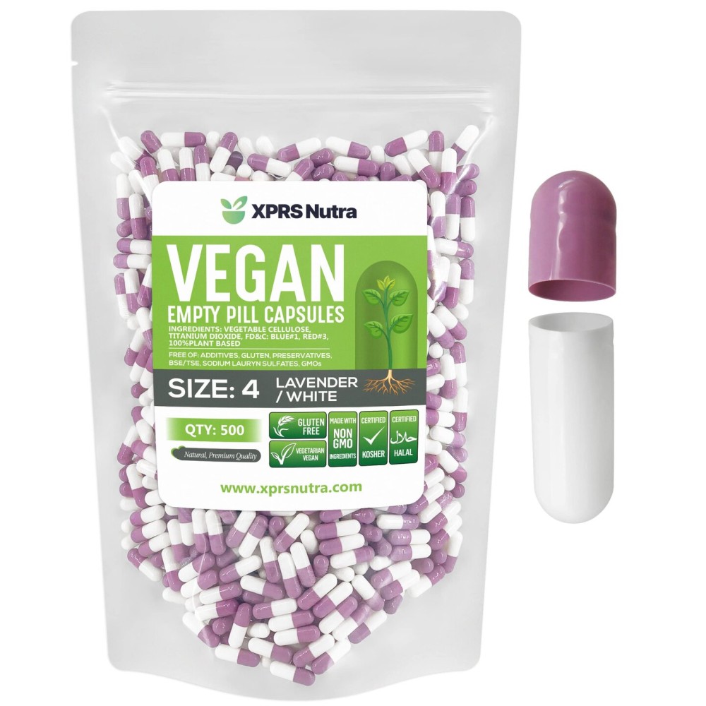 XPRS Nutra Size 4 Empty Capsules - 500 Count Small Empty Vegan Capsules - Vegetarian Pills - DIY Vegetable Capsule Filling - Fillable Do-It-Yourself Veggie Caps for Supplements (Lavender/White)