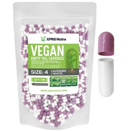 XPRS Nutra Size 4 Empty Capsules - 500 Count Small Empty Vegan Capsules - Vegetarian Pills - DIY Vegetable Capsule Filling - Fillable Do-It-Yourself Veggie Caps for Supplements (Lavender/White)