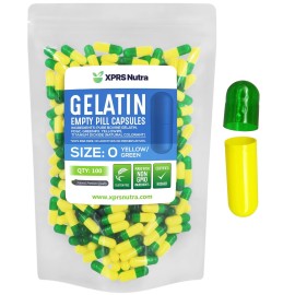 XPRS Nutra Size 0 Empty Capsules - 100 Count Empty Gelatin Capsules - Pills DIY Capsule Filling - Pure Bovine Pill Gel Caps for Do-It-Yourself Supplements (Green/Yellow)