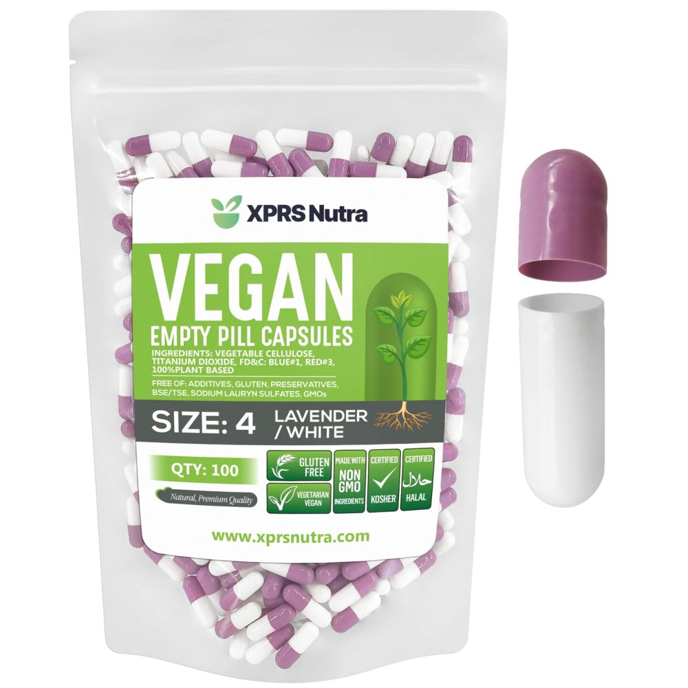 XPRS Nutra Size 4 Empty Capsules - 500 Count Small Empty Vegan Capsules - Vegetarian Pills - DIY Vegetable Capsule Filling - Fillable Do-It-Yourself Veggie Caps for Supplements (Lavender/White)