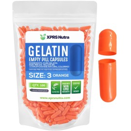 XPRS Nutra Size 3 Empty Capsules - 100 Count Empty Gelatin Capsules - Pills DIY Capsule Filling - Pure Bovine Pill Gel Caps Fillable for Do-It-Yourself Vitamins and Supplements (Orange)