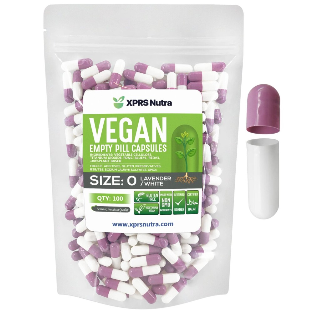 XPRS Nutra Size 0 Empty Capsules - 100 Count Empty Vegan Capsules - Vegetarian Pills DIY Vegetable Capsule Filling - Veggie Pill Caps for Do-It-Yourself Supplements (Lavender/White)