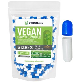 XPRS Nutra Size 3 Empty Capsules - 100 Count Vegan - Vegetarian Empty Pill Capsules - DIY Vegetable Capsule Filling - Veggie Pill Empty Caps (Blue/White)