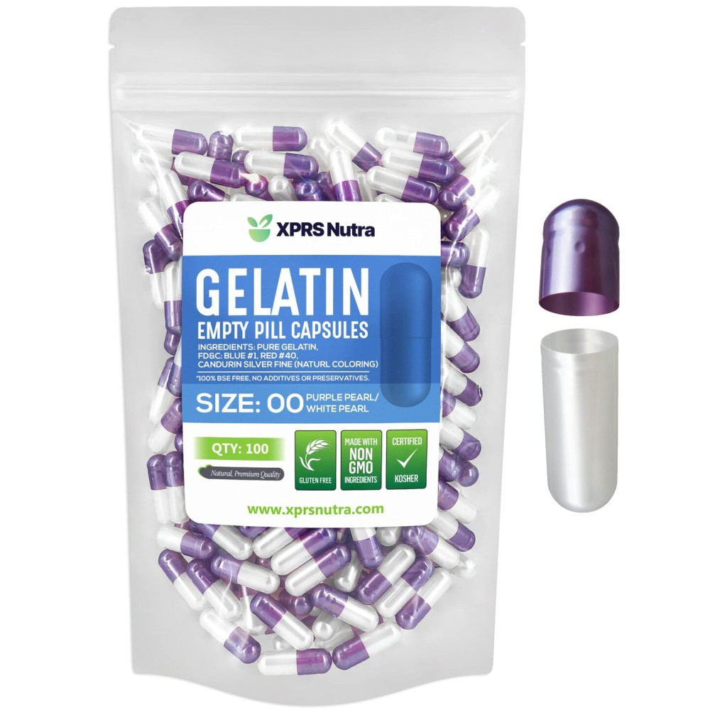 XPRS Nutra Size 00 Empty Capsules - 100 Count Empty Gelatin Capsules - Pills DIY Capsule Filling - Fillable Pill Gel Caps for DIY Supplements (Pearl Purple/White)
