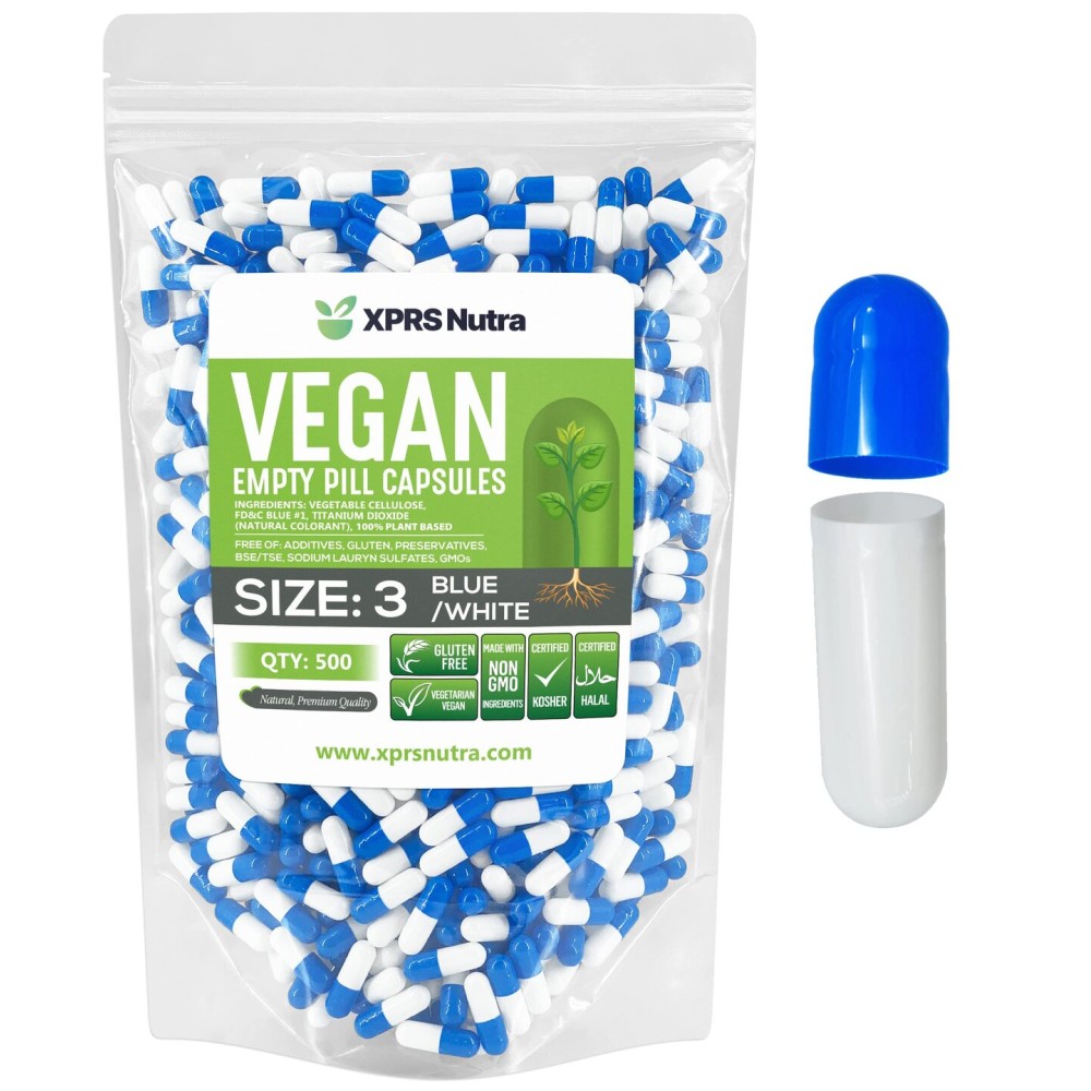 XPRS Nutra Size 3 Empty Capsules - 500 Count Empty Vegan Capsules - Vegetarian Pills - DIY Vegetable Capsule Filling - Veggie Pill Caps (Blue/White)