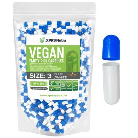 XPRS Nutra Size 3 Empty Capsules - 500 Count Empty Vegan Capsules - Vegetarian Pills - DIY Vegetable Capsule Filling - Veggie Pill Caps (Blue/White)