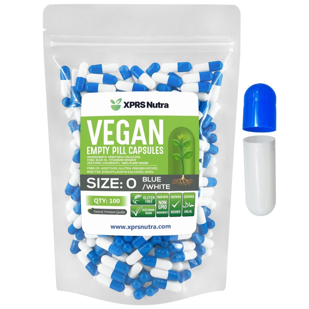 XPRS Nutra Size 0 Empty Capsules - 100 Count Empty Vegan Capsules - Vegetarian Pills - DIY Vegetable Capsule Filling - Veggie Pill Caps for Do-It-Yourself Suplements (Blue/White)