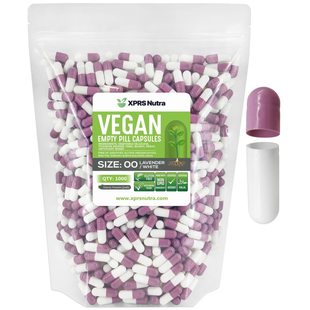 XPRS Nutra Size 00 Empty Capsules - 1000 Count Empty Vegan Capsules - Vegetarian Empty Pills - DIY Vegetable Capsule Filling- Veggie Pill Caps (Lavender/White)