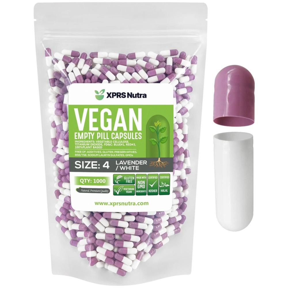 XPRS Nutra Size 4 Empty Capsules - 1000 Count Small Empty Vegan Capsules- Vegetarian Pills - DIY Vegetable Capsule Filling - Fillable Do-It-Yourself Caps for Supplements (Lavender/White)