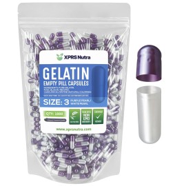 XPRS Nutra Size 3 Empty Capsules - 1000 Count Empty Gelatin Capsules - Pills DIY Capsule Filling - Pure Bovine Pill Gel Caps Fillable for Do-It-Yourself Vitamins and Supplements (Pearl Purple/White)