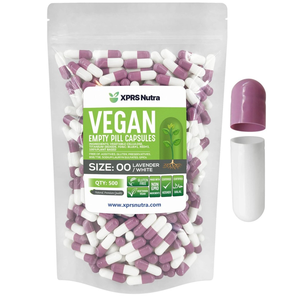 XPRS Nutra Size 00 Empty Capsules - 500 Count Empty Vegan Capsules - Vegetarian Empty Pills - DIY Vegetable Capsule Filling- Veggie Pill Caps (Lavender/White)