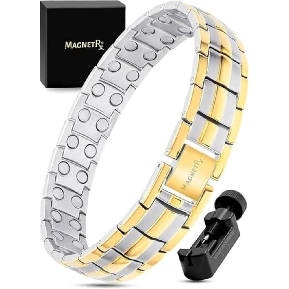 MagnetRX Ultra Strength Magnetic Bracelet - Effective Stainless Steel Magnetic Bracelets for Men - Adjustable Bracelet Length with Sizing Tool for Perfect Fit (Silver & Gold)