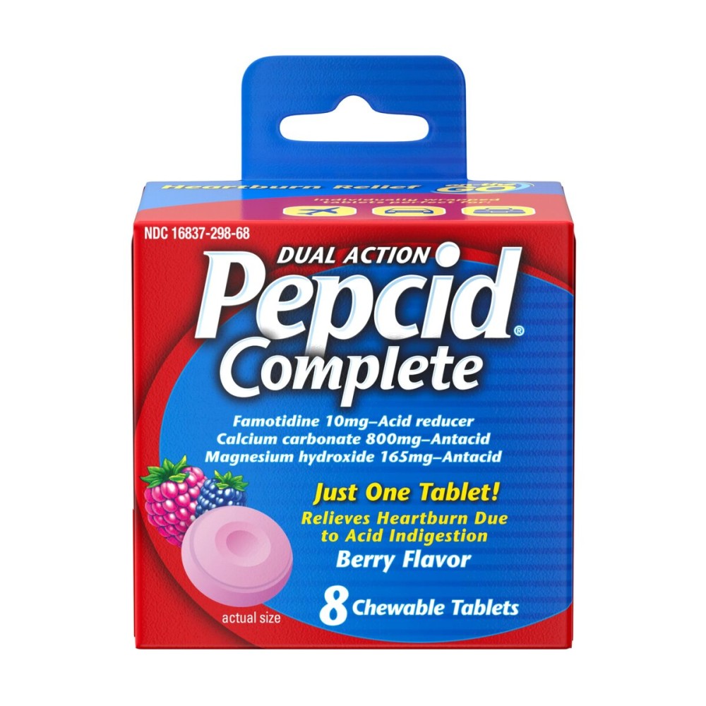 Pepcid Complete Acid Reducer + Antacid for Acid Reflux, 10mg Famotidine, 800mg Calcium Carbonate & 165mg Magnesium Hydroxide per Heartburn Medicine Tablet, Antacid Chews, Berry, 8 ct