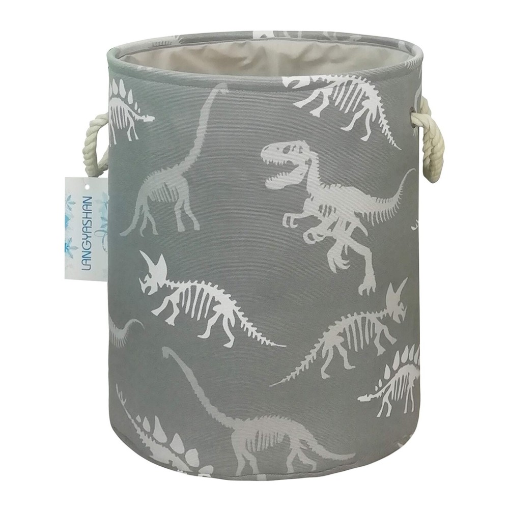 LANGYASHAN Laundry Basket Canvas Collapsible Organizer Storage Basket for Boys Girls Laundry Hamper Toy Bins Gift Baskets Bedroom Clothes Children Nursery (Gray Dinosaur skeleton)